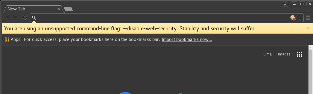 Kali Chromium Error: You Are using an Unsupported Command line flag --disable-web-security. Security and Stability will suffer